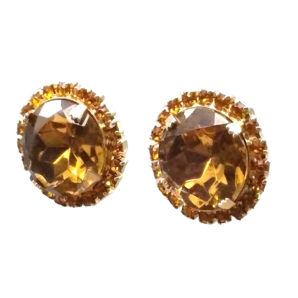 Vintage Crystal Halo Sparkle Earrings, Clip On 1940s Glam, Faceted Topaz Colored - Picture 3 of 5